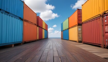 Fototapeta premium Colorful shipping containers stacked in a long row, with a wooden dock in the foreground and a cloudy blue sky in the background