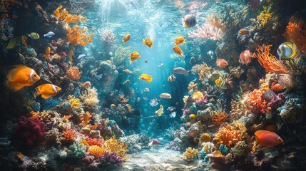 Naklejka premium Wide-angle underwater kitchen, vibrant aquatic life, chefs preparing seafood delicacies, oceanic colors blending harmoniously