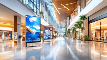 Modern Shopping Mall Interior with Large Screens.