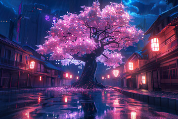 Obraz premium A tree with pink leaves is in a city street with neon lights.,