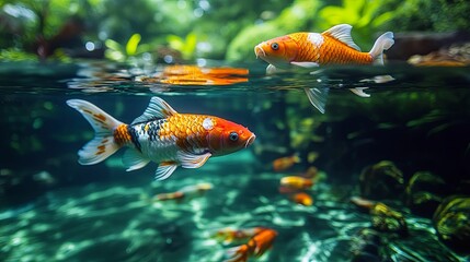 Two Koi Fish Swimming in a Pond with Green Plants