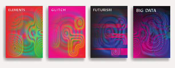 Glitch distorted geometric template brochures . Modern art design . Noise destroyed glitched flyer . Trendy brochure with vector lines . Glitched flyer. Hologram effects . set of vector templates