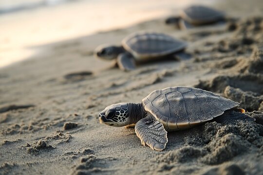 Baby sea turtles crawling on sandy beach towards the ocean.