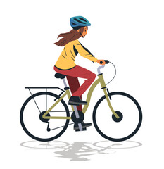Woman riding bicycle outdoors cycling activity illustration. Female cyclist wearing helmet and casual clothes riding bike white background shadow