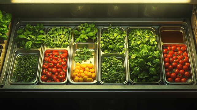Una vitrina con bandejas llenas de vegetales frescos, incluyendo diferentes tipos de tomates y hojas verdes, expuesta en un mercado.

