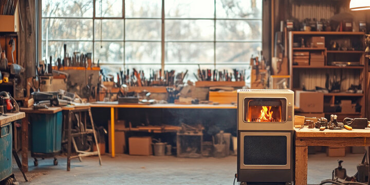 Compact modern heater with visible flame in a spacious workshop filled with tools, offering a cozy and efficient heating solution in an industrial setting.