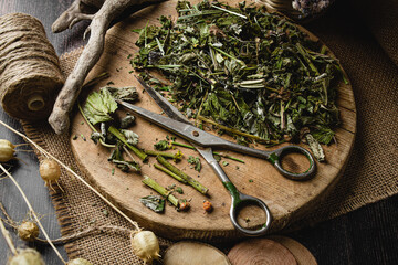 Dried healthy herbs. Chopped herbs for brewing