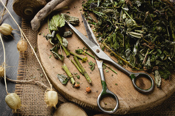 Dried healthy herbs. Chopped herbs for brewing