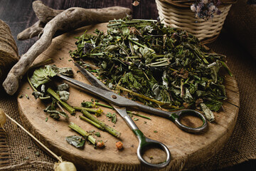 Dried healthy herbs. Chopped herbs for brewing
