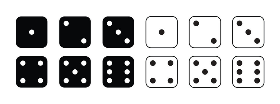 Game dice Icon with side of cube from one to six number. Set of black icon sided for gamble. Dot on cube of casino