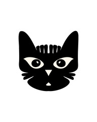 Cat face with big eyes and a small nose in black and white graphic.