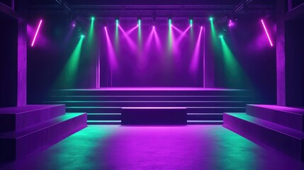 Club stage illuminated by neon purple and green lights, with bold, angular architecture and open copy space for text.