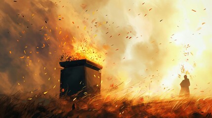 People Standing Near a Burning Object in a Foggy Atmosphere at Sunset