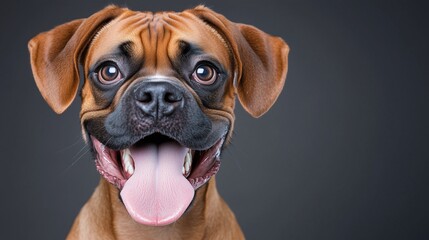 Obraz premium Boxer dog smiling with tongue out, close-up portrait against a dark background
