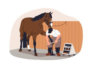Farrier shoeing horse. Professional trimming hoof, grooming hooves. Horseshoeing stallion, equine care and treatment with tools by blacksmith. Flat vector illustration isolated on white background