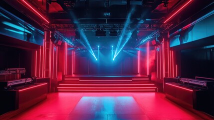Futuristic club stage architecture illuminated by neon red and blue lights, offering large areas of copy space.