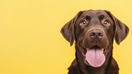 Fototapeta premium Chocolate Labrador smiling with tongue out against a yellow background