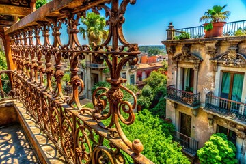Obraz premium Aerial View of an Old Iron Balcony Surrounded by Lush Greenery and Historic Architecture