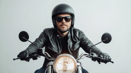 Rider with leather jacket and helmet riding a motorbike on white background looks cool with headlights, safe driving concept on the road