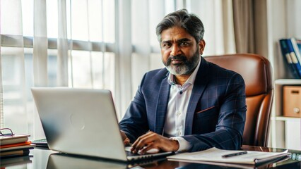 Cropped portrait of an middle aged India man boss working on computer while sitting in his luxury private office table , lot of file, check report project paper