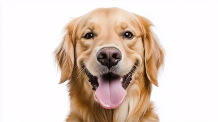 Golden retriever smiling with tongue out, close-up portrait on a white background