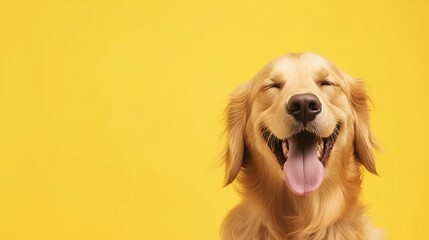 Golden retriever with eyes closed, smiling joyfully against a yellow background