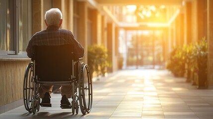 Obraz premium Elderly Man in Wheelchair in Serenity of Hallway