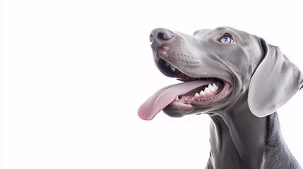 Weimaraner dog looking up with tongue out, isolated on a white background