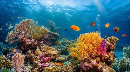 Naklejka premium Vibrant underwater scene showcasing colorful coral reefs and diverse marine life.