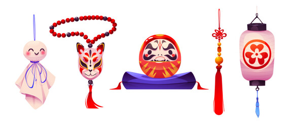 Traditional Japanese culture cartoon elements - daruma doll face mask on pillow, hanging paper lantern with ornate, mizuhiki pendant charm, teru teru bozu handmade doll and fox mask on beads necklace