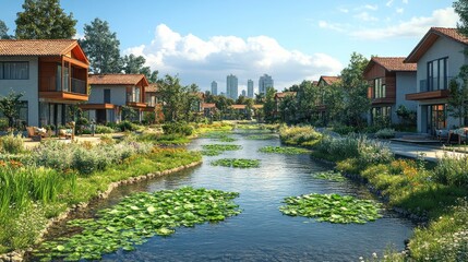 Obraz premium Serene waterside community with modern homes and lush greenery.