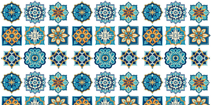 urkish mosaic tiles with ancient oriental patterns, seamless background.