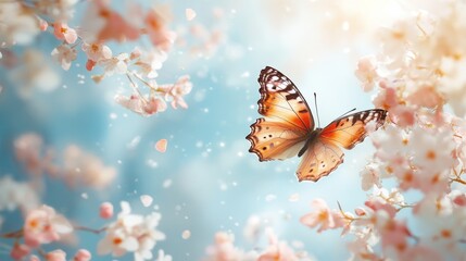 A Butterfly Soaring Through a Springtime Cherry Blossom Shower
