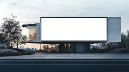 Obraz premium Large white-screen billboard standing in front of sleek, modern architecture, with ample copy space.