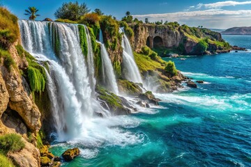 Fototapeta premium Captivating Macro View of Karpuzkaldiran Waterfall Cascading into the Sea in Antalya's Lara District