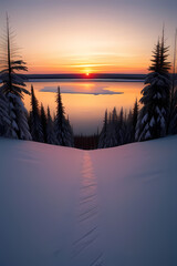 Winter sunset. Sunset over frozen lake in winter season