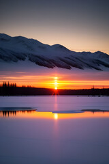 Winter sunset. Sunset over frozen lake in winter season