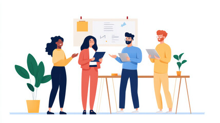 Collaborative team working on product development in modern office setting, showcasing diverse individuals engaged in discussion and brainstorming