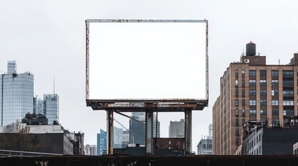 Minimalist city billboard with a white screen, standing tall in an urban environment, with wide-open copy space.