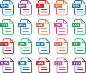 File type icon set. Popular files format and document. Format and extension of documents. Set of pdf, doc, excel, png, jpg, psd, gif, csv, xls, ppt, html, txt. Icons for download on computer