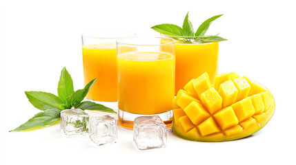 Refreshing mango juice served in glasses with mango pieces and ice, ideal for summer drinks or tropical themes, set on a white isolated background.