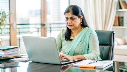 Cropped portrait of an middle aged India lady boss working on her computer while sitting in her luxury private office table , lot of file, check report project paper