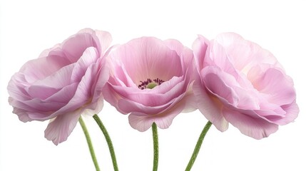 Three delicate light pink ranunculus flowers with green stems, isolated on white background.
