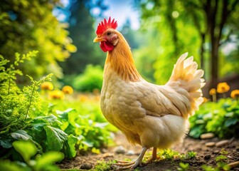 Fototapeta premium Cream Legbar Hen Portrait in Panoramic View: Captivating Farmyard Scene