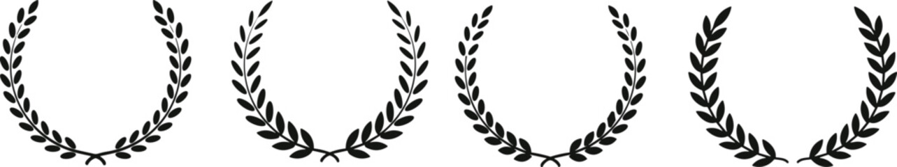 Set black silhouette circular laurel foliate, wheat and oak wreaths depicting an award, achievement, heraldry, nobility. Emblem floral Greek branch flat style - stock vector.