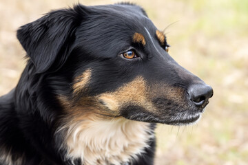 chien noir marron et blanc gros plan regard lointain