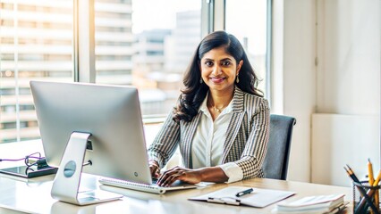 Fototapeta premium Cropped portrait of an middle aged India lady boss working on her computer while sitting in her luxury private office table , lot of file, check report project paper