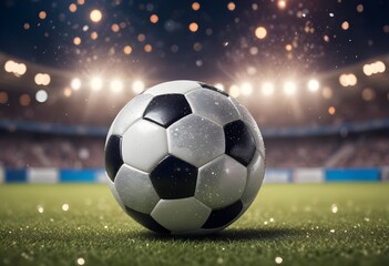 Fototapeta premium A soccer ball on a field surrounded by glitter , with a blurred stadium in the background