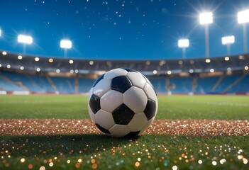 Obraz premium A soccer ball on a field surrounded by glitter , with a blurred stadium in the background