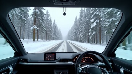 Naklejka premium An unmanned vehicle equipped with artificial intelligence is driving on a winter road. View from the car interior to the road.